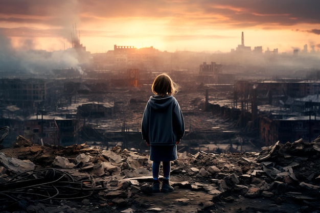 A child against the background of a destroyed city Solid ruins no future