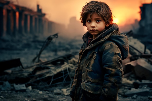 A child against the background of a destroyed city Solid ruins no future