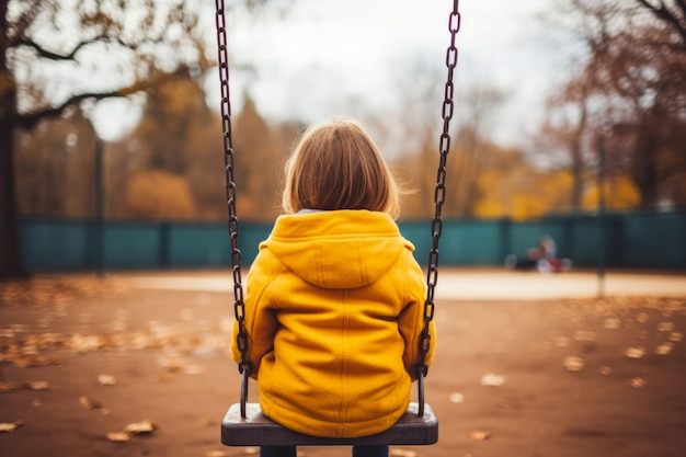 Child alone on playground swing background with empty space for text