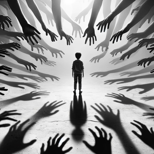 Photo child amidst chaos silhouette of young boy and shadows of hands