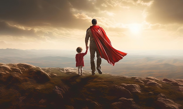 写真 スーパーヒーローの衣装を着た子供と彼女の父親は地平線でテラゲンのスタイルで