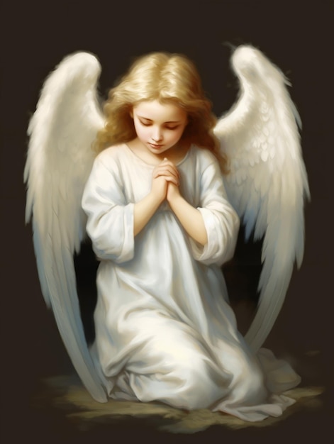 child angel with white wings praying