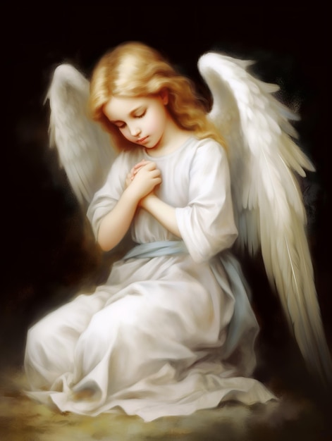 child angel with white wings praying