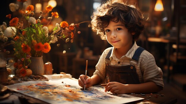 Photo child artist painting in studio