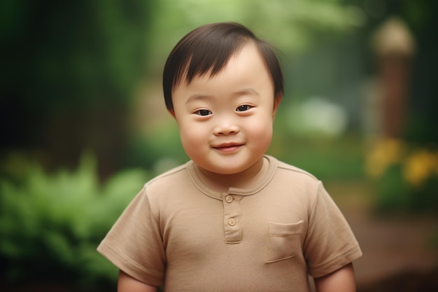 a child asian with down syndrome walks in the park and smiles at the camera