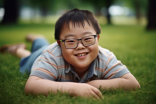 a child asian with down syndrome walks in the park and smiles at the camera