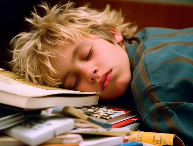 Фото Ребенок спит во время подготовки к школьным экзаменам генеративный искусственный интеллект