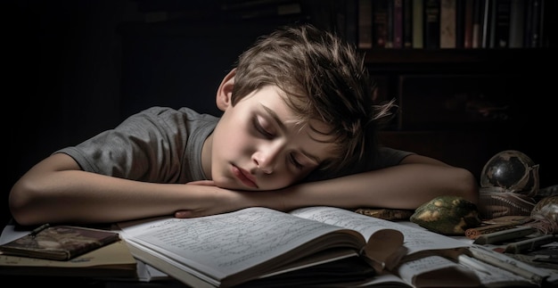 Child asleep while studying for school exams AI generative