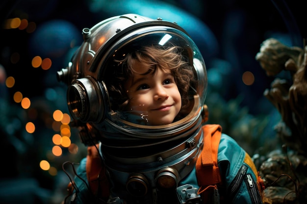 Photo a child in an astronaut costume soaring through space in their boundless dreams