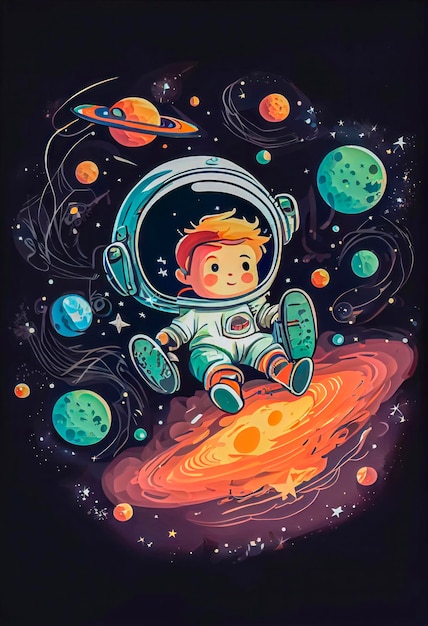 A child astronaut in space with the planet and stars on it.