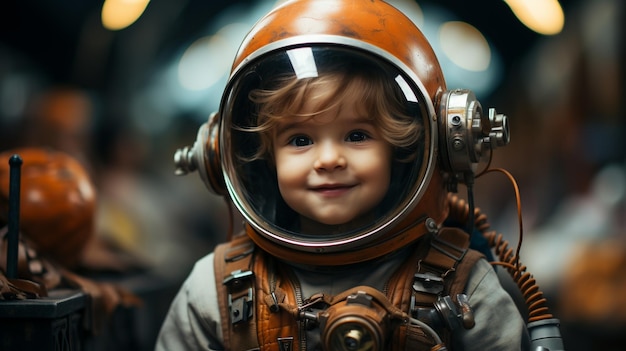 Ребенок в костюме космонавта с космическим скафандром.