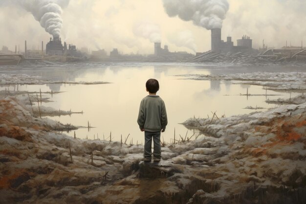 child back standing view Melting iceberg and global warming Climate change Generative AI