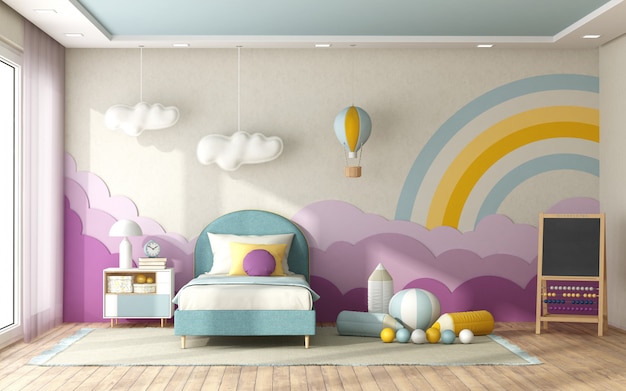 Camera da letto del bambino con la decorazione sulla parete del fondo