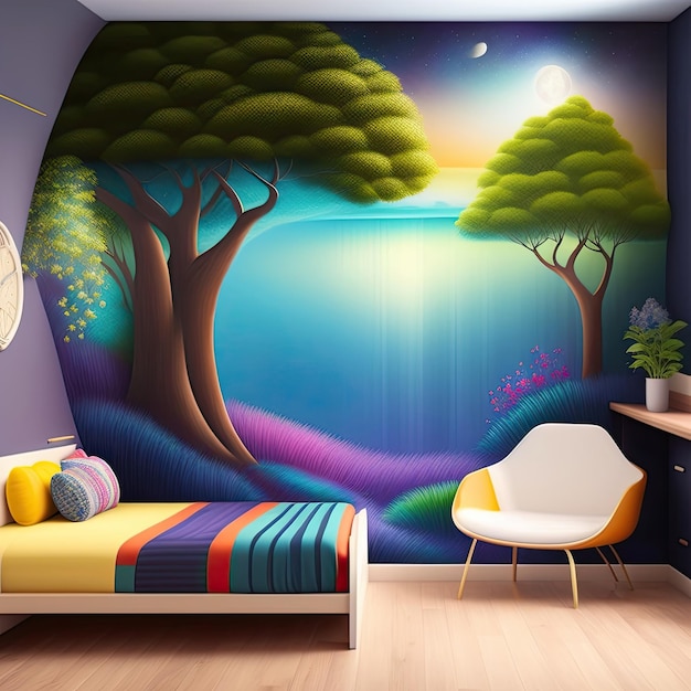 A child bedroom with a painting of trees on the wall