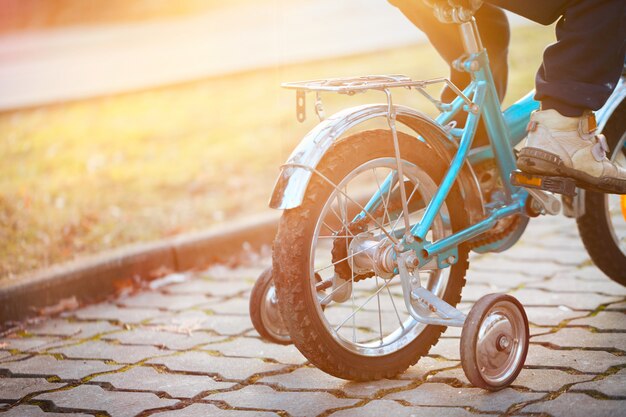 Child on a bicycle in sunny day. Back view.