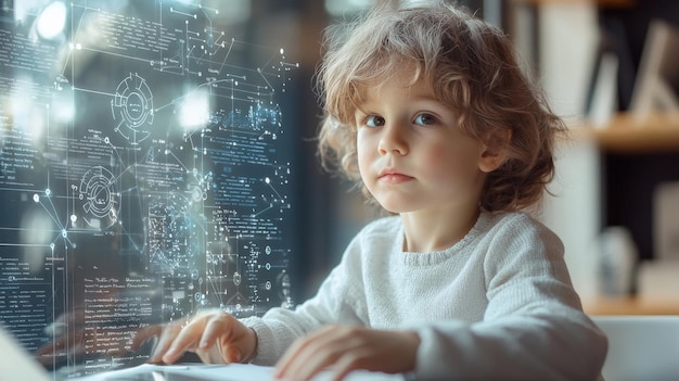 a child blockchain developer working on a smart contract with complex algorithms and blockchain diagrams around