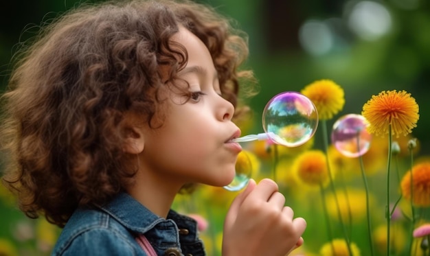 A child blowing bubbles in a field of flowers