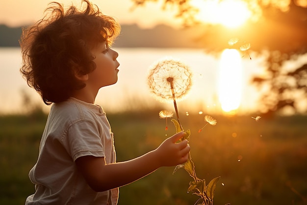 Child blowing dandelion seeds in a field