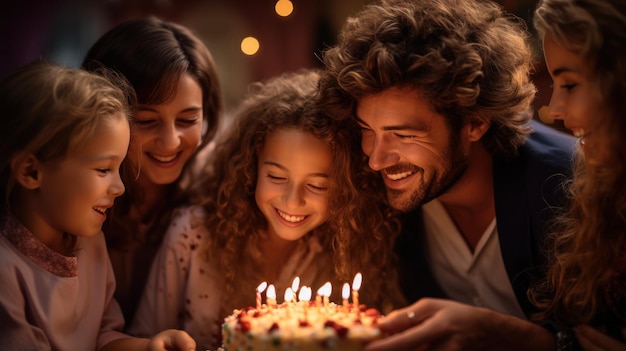 家族と一緒に誕生日ケーキのろうそくの火を吹き消す子供