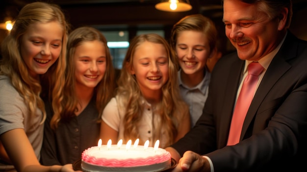 Child blowing out the candles on the birthday cake with his family