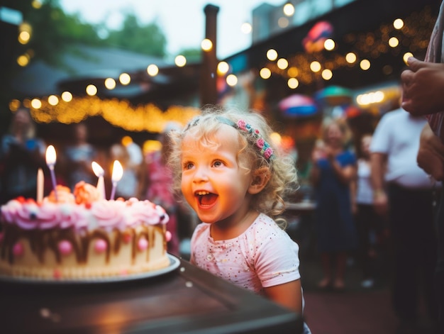 誕生日ケーキのろうそくの火を吹き消す子供