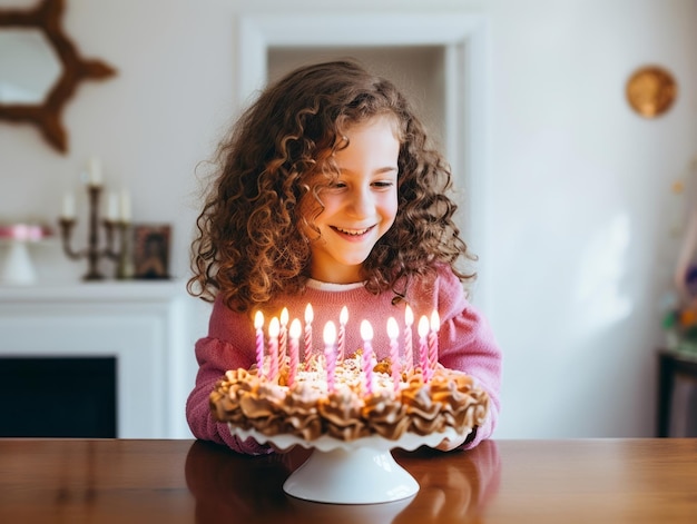 誕生日ケーキのろうそくの火を吹き消す子供