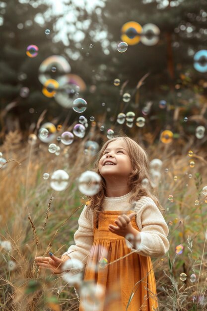 child blowing soap bubbles in nature Generative AI