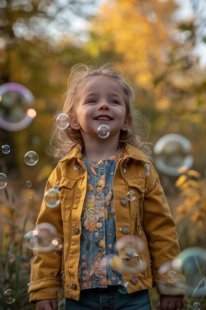 child blowing soap bubbles in nature Generative AI