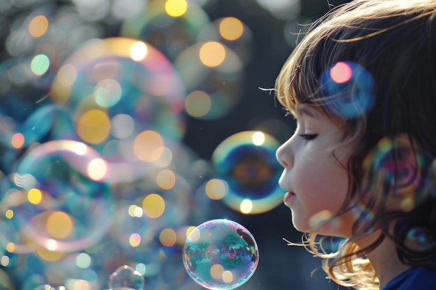 Foto bambino che soffia bolle di sapone con un'espressione sognante circondato da riflessi colorati e uno sfondo bokeh morbido