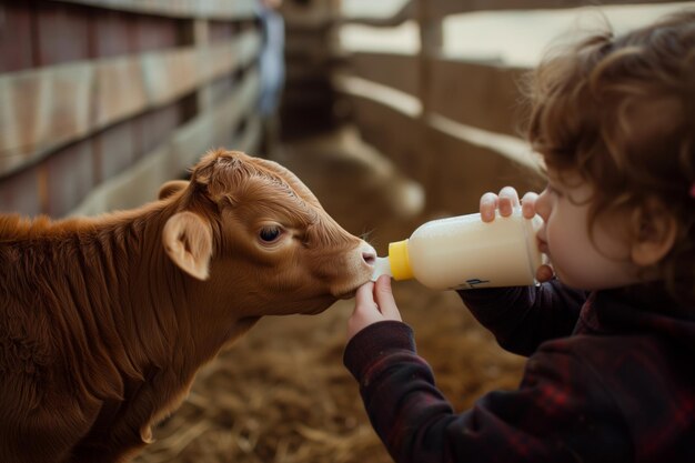 Photo child bottlefeeding milk to a calf in a barn