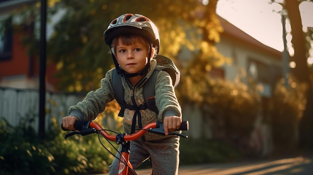 A child boy in bicycle helmet riding a bicycle for the first time