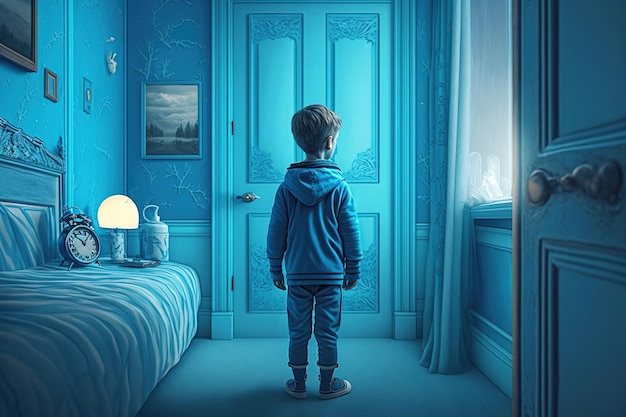 モノクロームのネイビーの部屋に青い服を着た少年が立っている