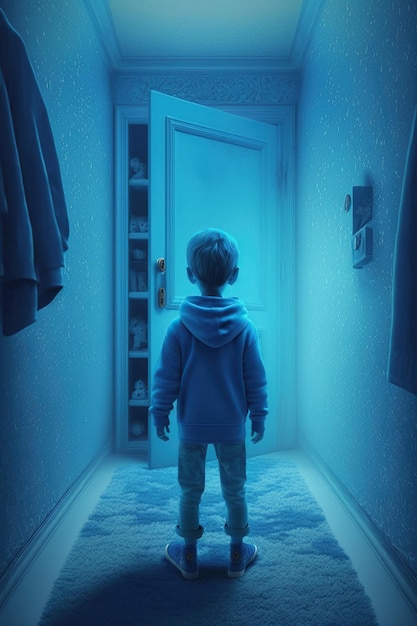 A child boy in a blue clothes is standing in a monochrome navy room