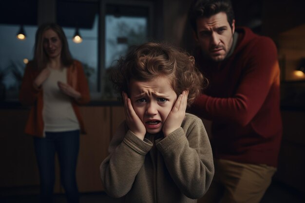Foto il bambino copre il viso e le orecchie con le mani e piange paura imprecare genitori urlare