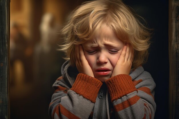 Foto il ragazzo si copre la faccia con le mani e piange di paura