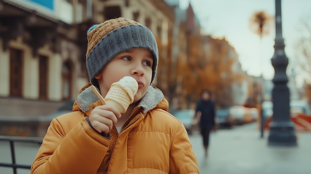 路上でアイスクリームを食べている少年