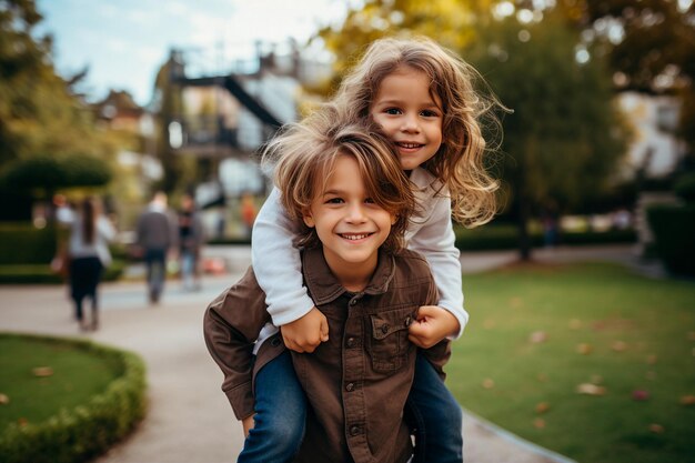 child boy and girl have piggyback in a park