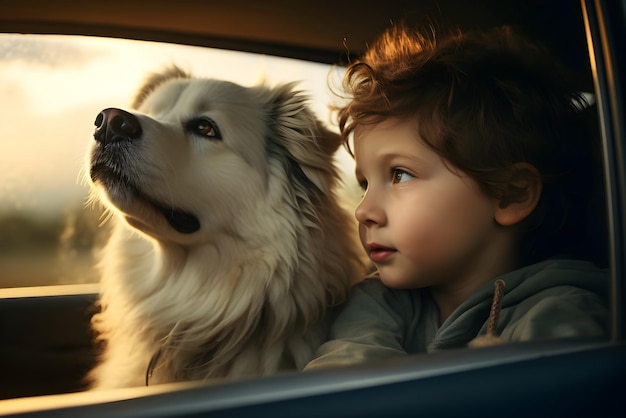 child boy and his dog looking out from car window Generative AI