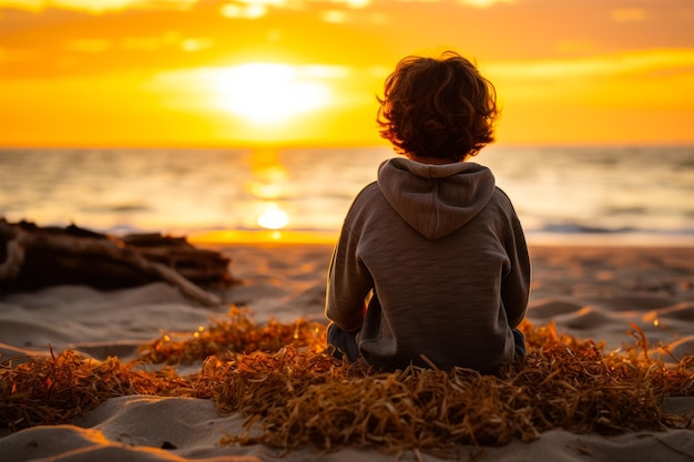 Photo child boy looking at the setting sun on the seashore