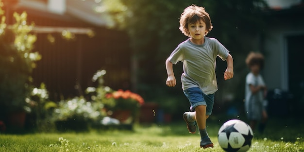 child boy playing football in the backyard Generative AI