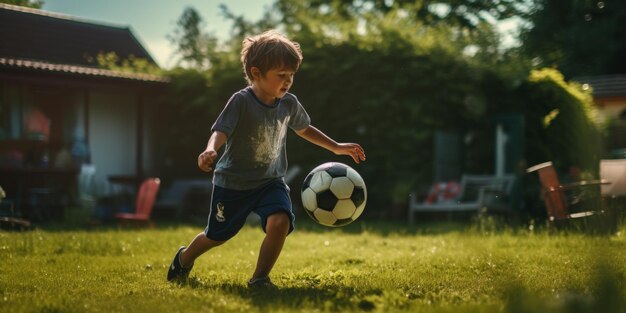 child boy playing football in the backyard Generative AI