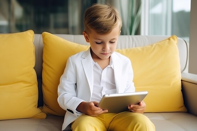 Foto bambino che gioca sul tablet e si siede sul divano