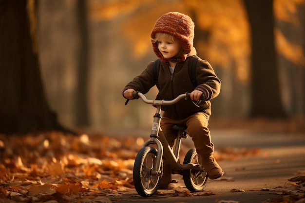 A child boy riding a bicycle for the first time