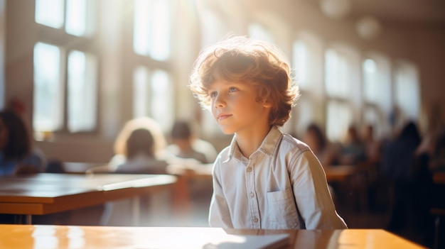 Child boy at school is sitting in classroom bright sunlight