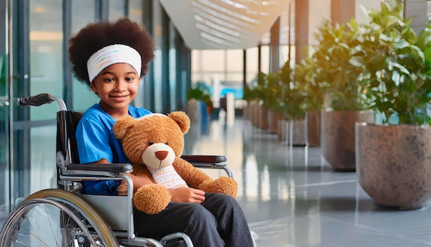 A child boy sits in a wheelchair with a bandage on his head and holds a teddy bear