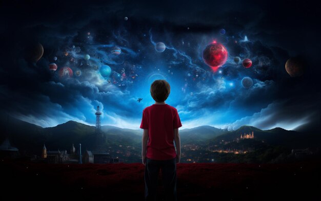 ребенок мальчик стоит на космическом фоне