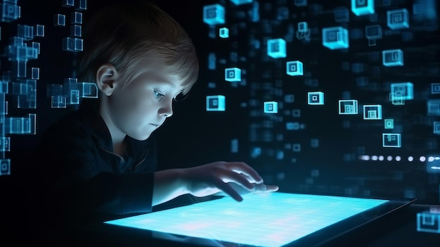 Child boy using tablet technology concept Illustration AI GenerativexA