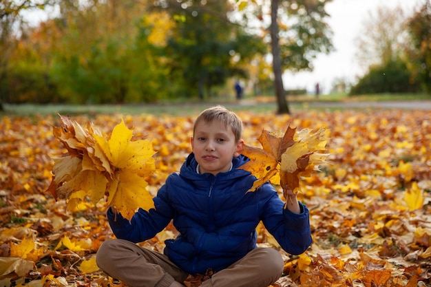 Child boy walking in the autumn park Fall leaves children concept