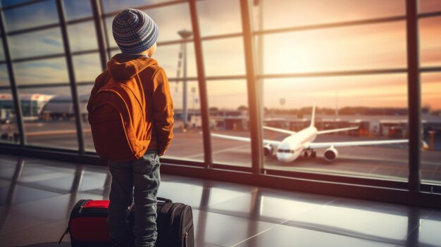 Photo child boy with backpack waiting for departure in airport hall