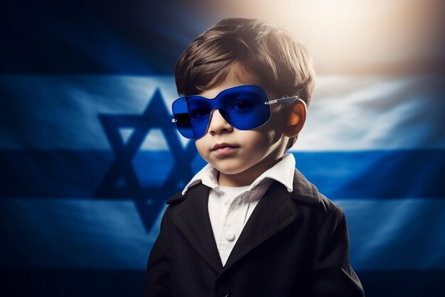 Photo child boy with sunglasses israeli flag on background